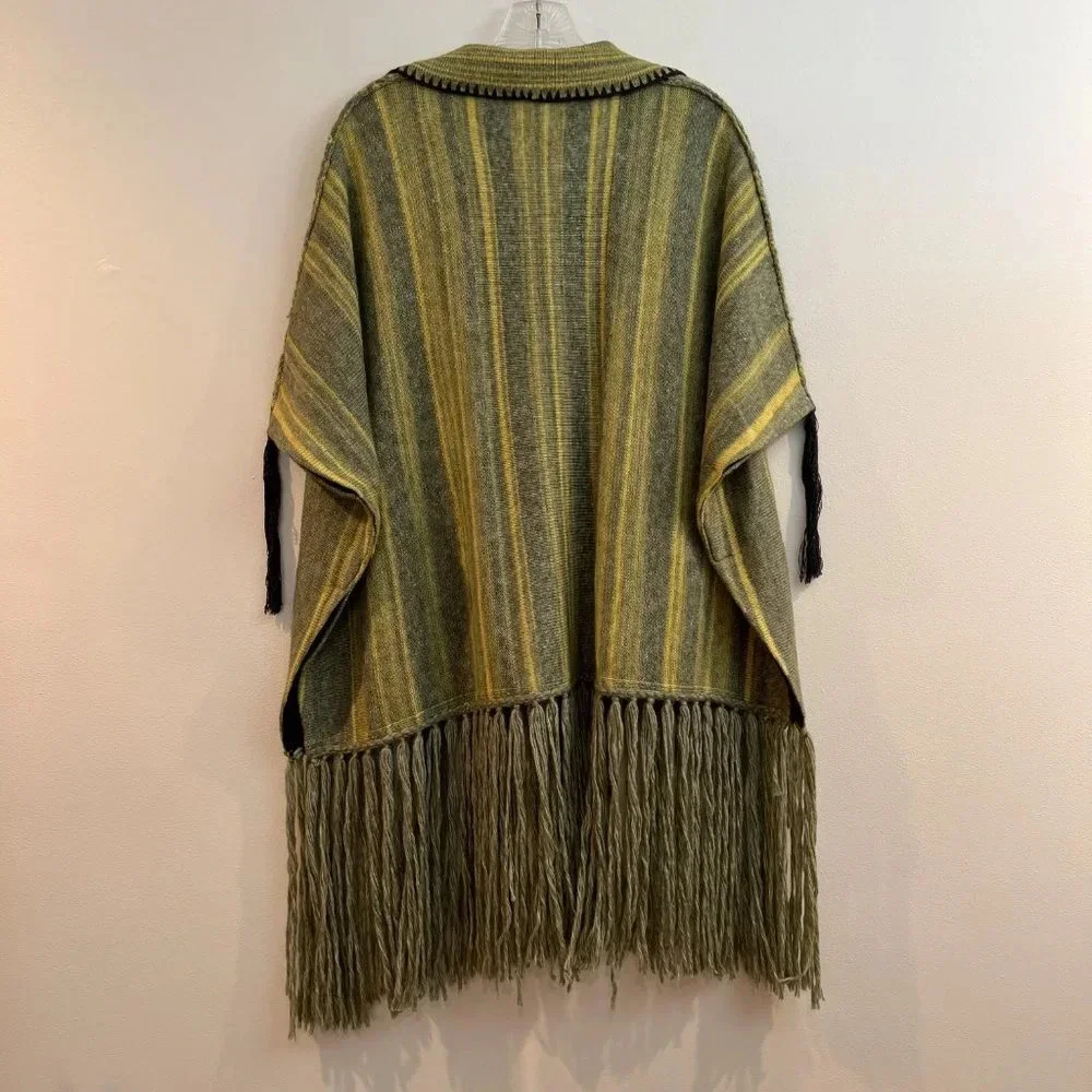 Raquel Allegra Wool Cashmere Knit Blend Fringe Bohemian Pullover Poncho Sweater